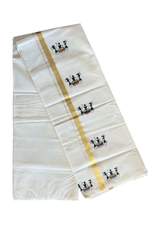 KaithariKada HANDLOOM Millpaav Balaramapuram - 100% PURE Cotton OFF White - (Unbleached) Double Mundu/Dothi - 1.25 Inch Kasavu kara Hand Painted Warli Design - 3KK5091RAM