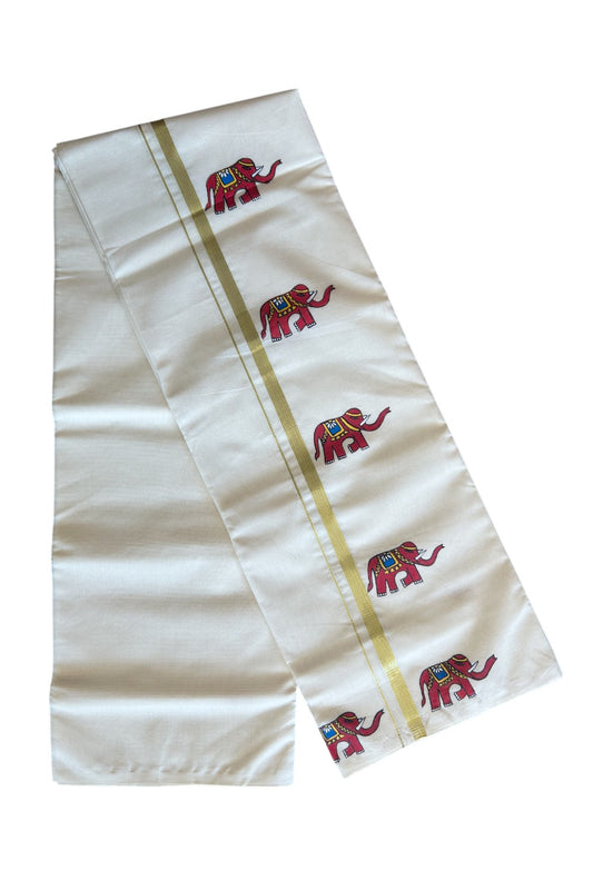 KaithariKada Balaramapuram 100% Cotton Double Off white - (Unbleached) Mundu/Dhoti - 100x80 1 inch Kasavu & Hand Painted Elephant Design Kara 3.72 meter - 3KK5092ASH