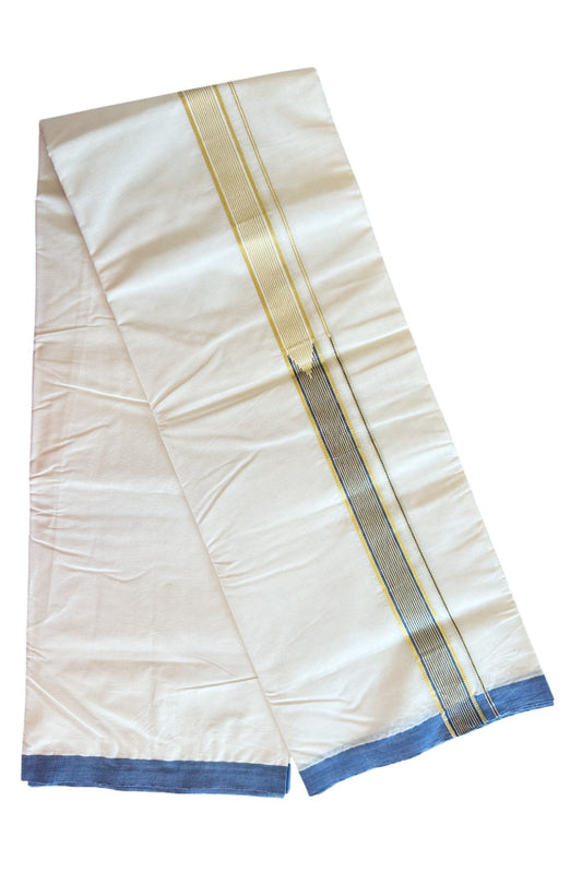 19% DISCOUNT! KaithariKada Balaramapuram 100% Cotton Double Off white - (Unbleached) Mundu/Dhoti-100x100 Chutty Heavy Designer Blue & Kasavu 1.5 inch Kara- 3KK5093ASH