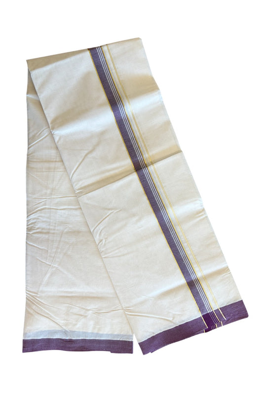 19% Discount KaithariKada Balaramapuram 100% Cotton Double Off white - (Unbleached) - Mundu/Dhoti- 100x80 - 1.75 inch Gold Kasavu & Purple Striped Kara 3.64 mtr (8 Muzham)- 3KK5101ASH