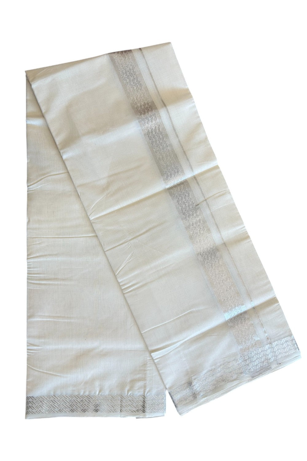 30% DISCOUNT ! KaithariKada HANDLOOM UNAKKUPAAV Balaramapuram - 100% PURE Cotton Off White - (Unbleached) Double Mundu/Dhoti - 2.25 inch Silver Kasavu Design Kara - 3KK5105RAM