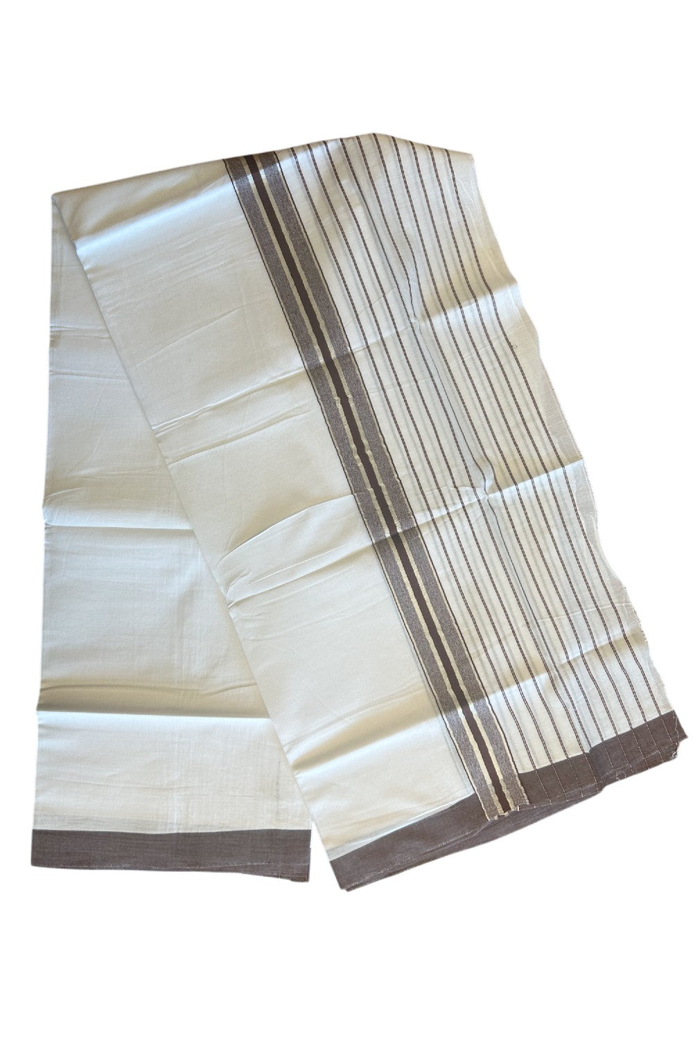 20% Discount !! KaithariKada Balaramapuram Double PURE WHITE Mundu/Dhoti- 100x80 - 7.25 inch Dark Brown & Silver Striped kara - 3.90 mtr - 3KK5112PMC