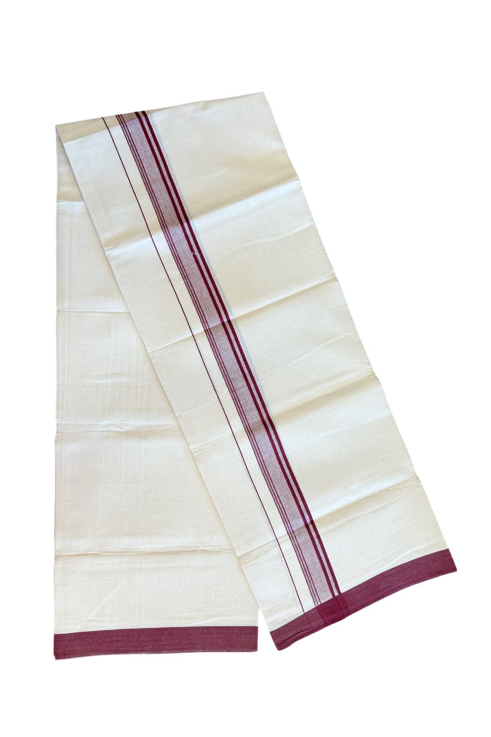 8% Discount ! Kaitharikada Balaramapuram 100% Cotton OFF WHITE SINGLE Mundu/Dothi (40s) - 1.75 inch Maroon & White shaded Stripes Kara (2 meter / 4 muzham) - 3KK5114THI