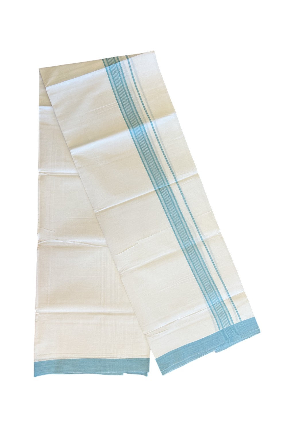 8% DISCOUNT ! KaithariKada Balaramapuram 100% Cotton Pure white Single Mundu/Dhoti - (40S) - 1.85 inch Light Turquoise Striped  Kara (2 meter / 4 muzham) - 3KK5115THI.