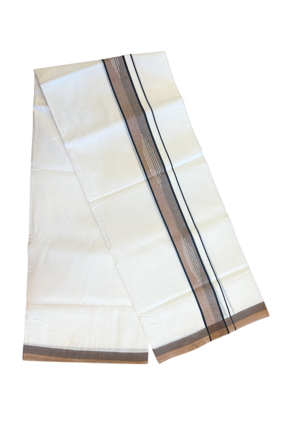 20% DISCOUNT! KaithariKada Balaramapuram 100% Cotton PURE WHITE Double Mundu/Dhoti-100x80 2.25 inch BROWN & BLACK shaded designer kara - 3KK5116MR