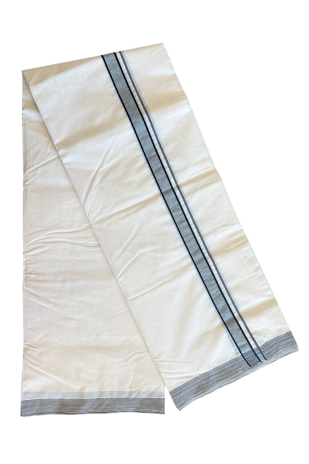 19% Discount ! KaithariKada Balaramapuram 100% Cotton Double Off white - (Unbleached) - Mundu/Dhoti- 100x100 - 1.5 inch Black Striped Kara.- 3KK5117ASH