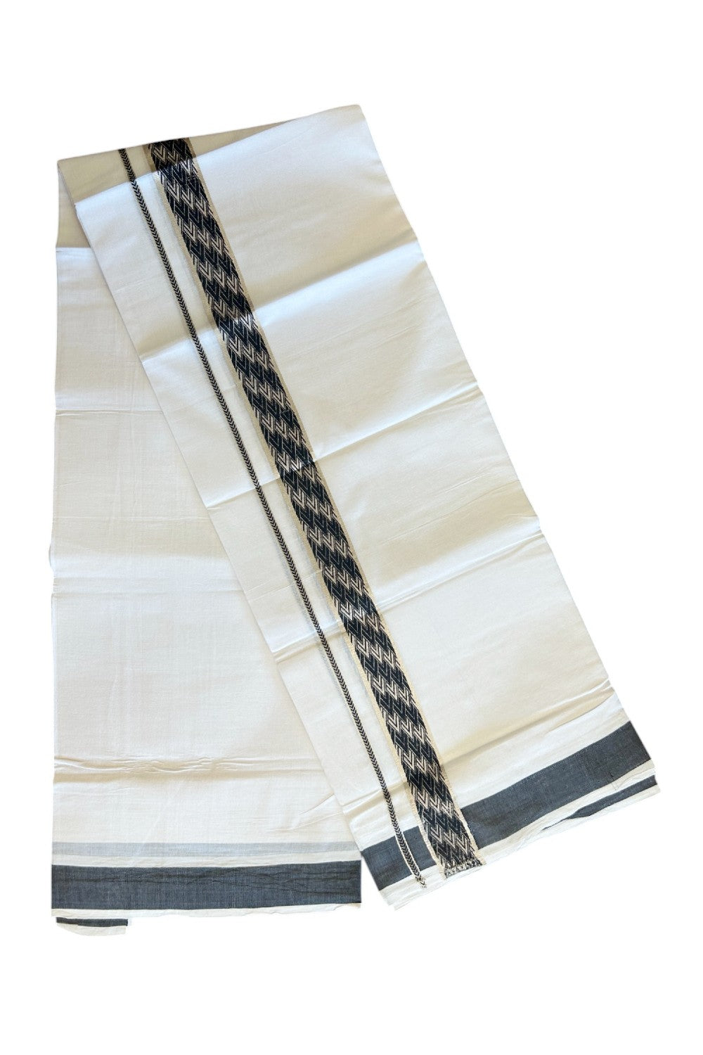 20% DISCOUNT! KaithariKada Balaramapuram 100% Cotton Double PURE white Mundu/Dhoti - 100x80 - 2 Inch Silver kasavu & Black jacquard pattern Kara - 3KK5118PMC