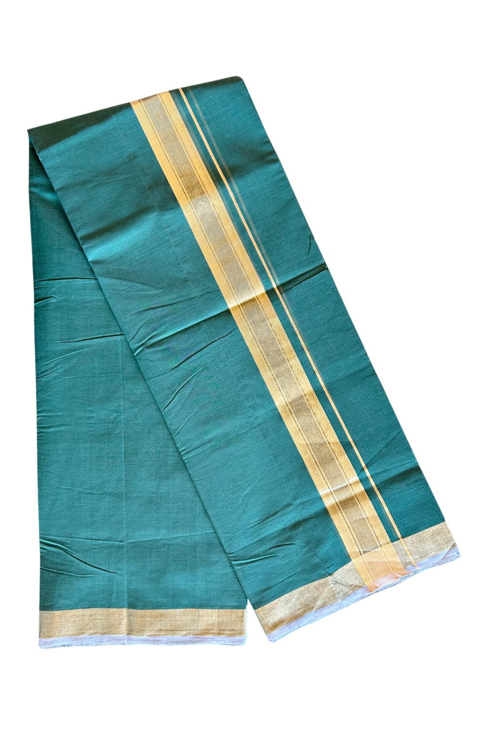 36% Discount! KaithariKada Handloom Unakkupaav Balaramapuram - 100% Cotton Double Mundu/Dhoti - Forest Green colour Body & 2.5 Inch kasavu striped kara - 3KK5121ABH