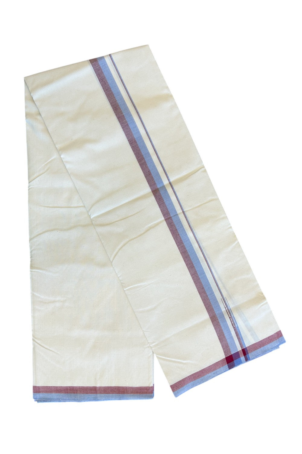 SIGNATURE KAITHARIKADA EXCLUSIVE SINGLE DHOTI - 30% Discount!!  100% Cotton Balaramapuram HANDLOOM Single Mundu/Dhoti - Off White - (Unbleached) 1 inch Lavender Blue & Maroon Puliyilakkara chutty (2 meters /4 muzham) - 3KK5124KAI