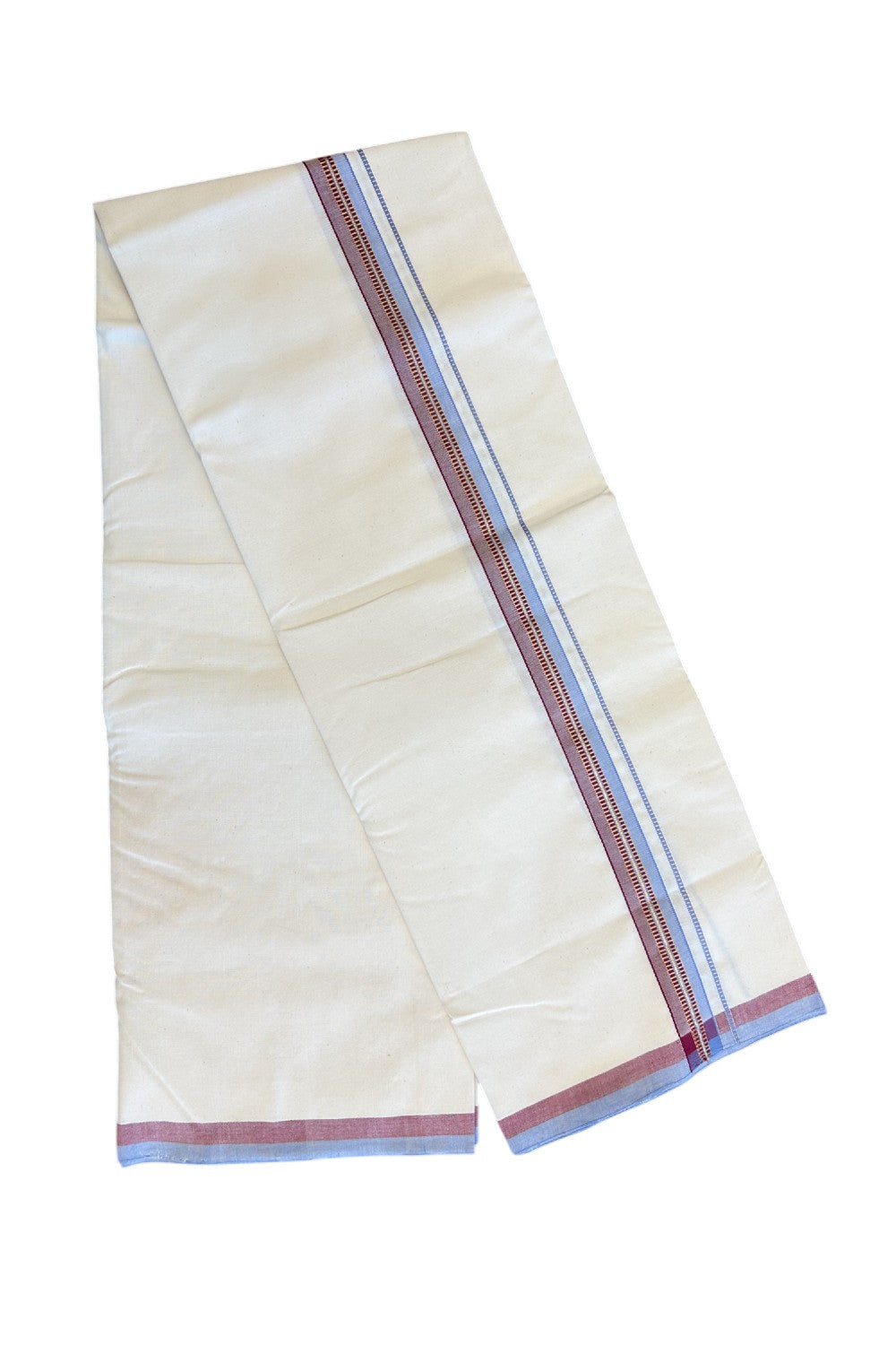 SIGNATURE KAITHARIKADA EXCLUSIVE SINGLE DHOTI - 30% Discount!!  100% Cotton Balaramapuram HANDLOOM Single Mundu/Dhoti - Off White - (Unbleached) 1 inch Lavender Blue & Maroon Kasavu Muthukuri kara  (2 meters /4 muzham) - 2KK5131KAI