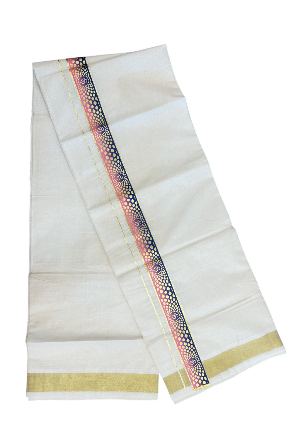 19% Discount !! KaithariKada Balaramapuram 100% Cotton Double Off white - (Unbleached) Mundu/Dhoti-100X80- 1.5 inch Hand Painted Kasavu Pink & Violet OHM Design Kara- 3KK5135GAN