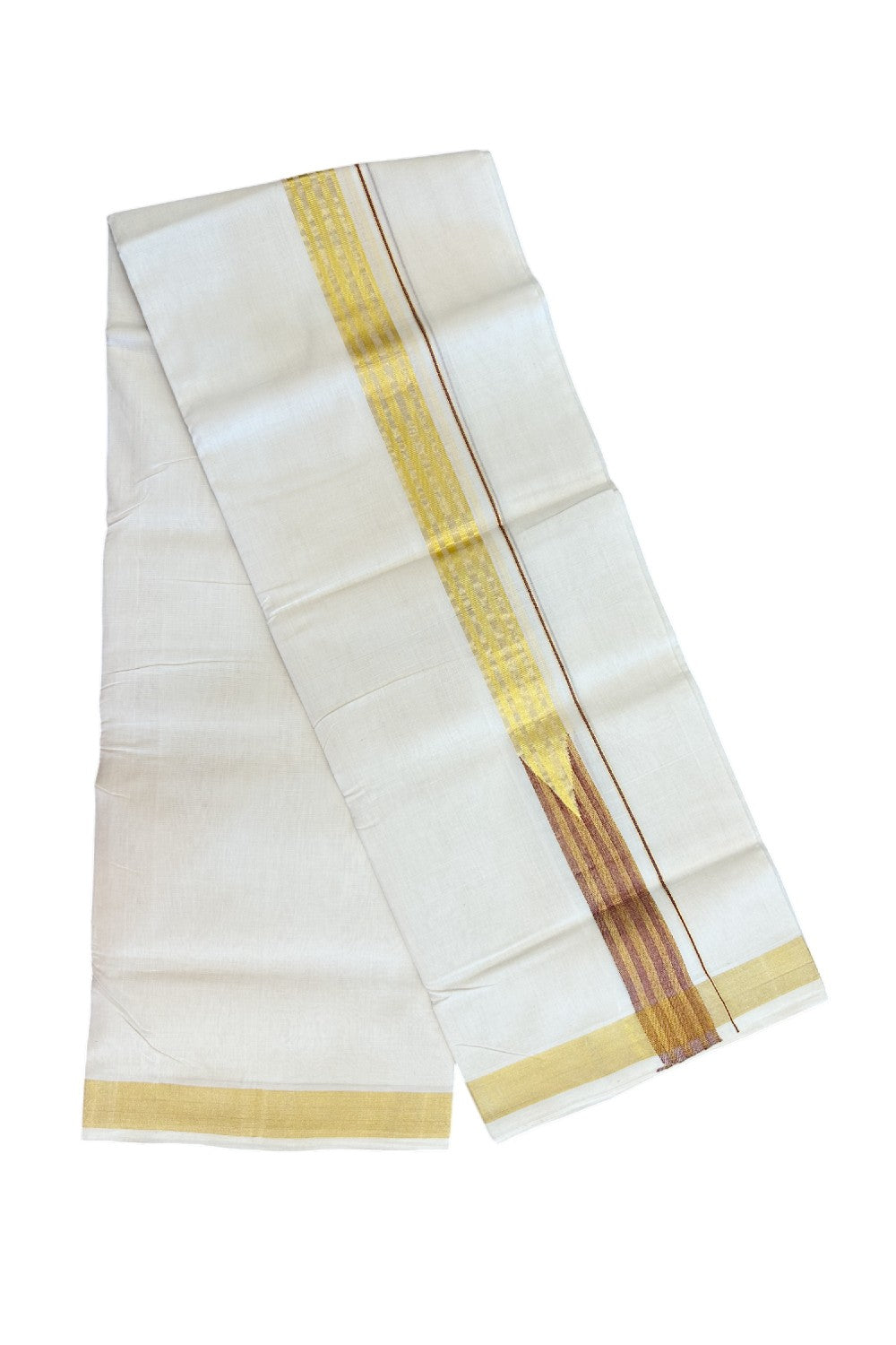 33% DISCOUNT ! KaithariKada HANDLOOM Unakkupaav Balaramapuram - 100% PURE Cotton Off White - (Unbleached) Double Mundu/Dhoti - 100x100 - 1.5 Inch Maroon & Gold Kasavu Striped Chutty Kara - 3KK5141ABH