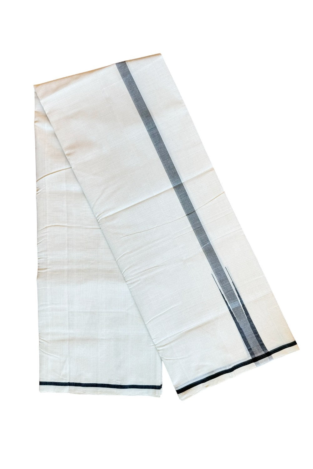 20% DISCOUNT!! KaithariKada HANDLOOM Unakkupaav Balaramapuram - 100% PURE Cotton OFF White (Unbleached) Double Mundu/Dothi - Silver Kasavu Black Stripes Chutty Puliyilakkara-3KK59RAM