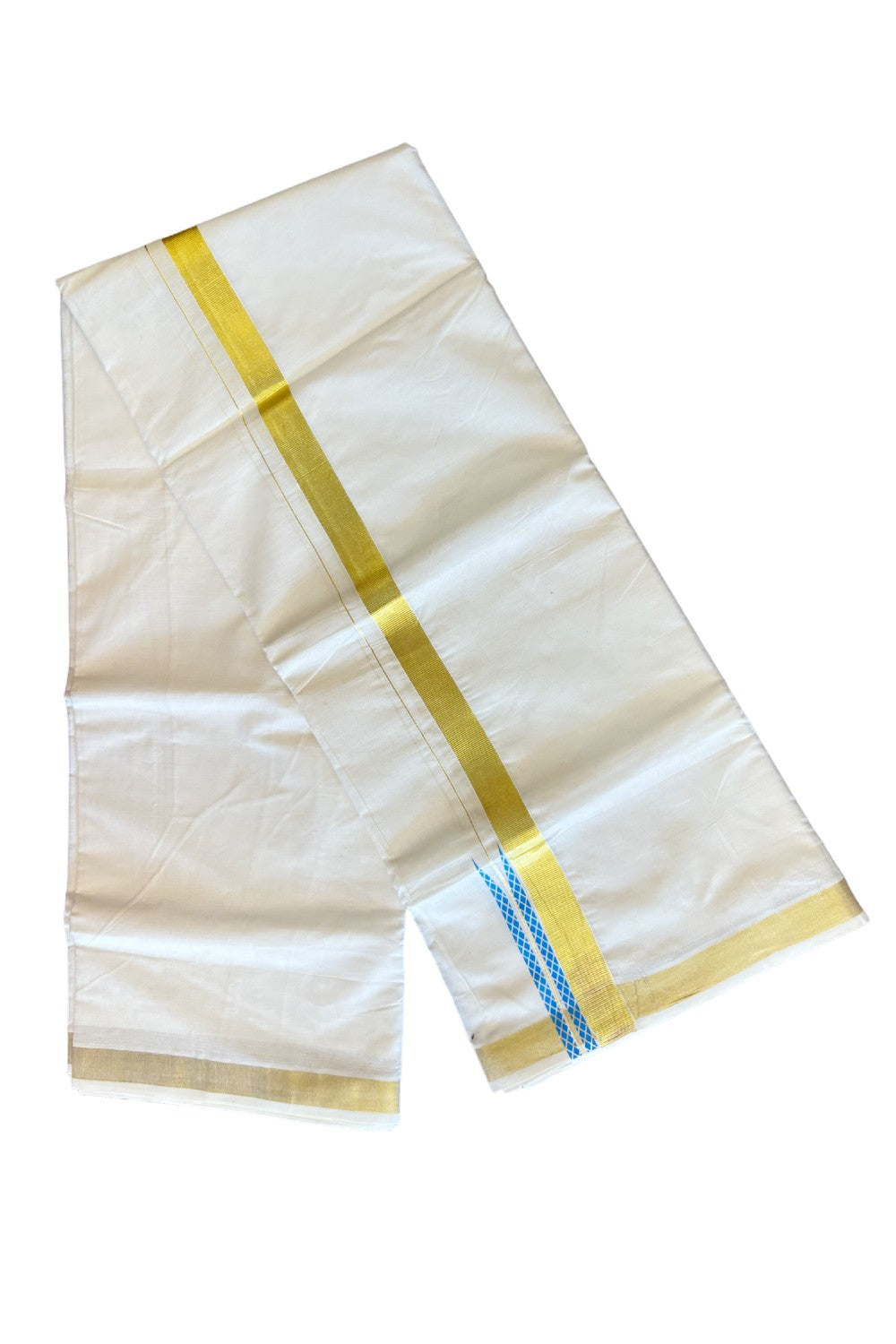 15% Discount !! KaithariKada Balaramapuram 100% Cotton Double Off white Mundu/Dhoti-80X72-  KASAVU & BLUE CHUTTY PATTERN Kara- 3KK85CEE