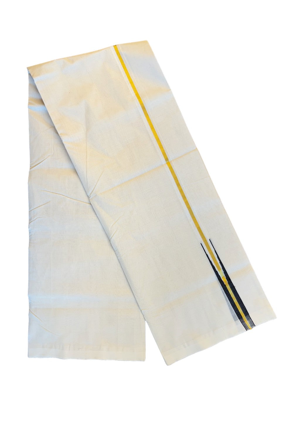 21% DISCOUNT!! KaithariKada HANDLOOM Unakkupaav Balaramapuram - 100% PURE Cotton OFF White (Unbleached) Double Mundu/Dothi - Kasavu black puliyilakkara Chutty - 3KK86RAM