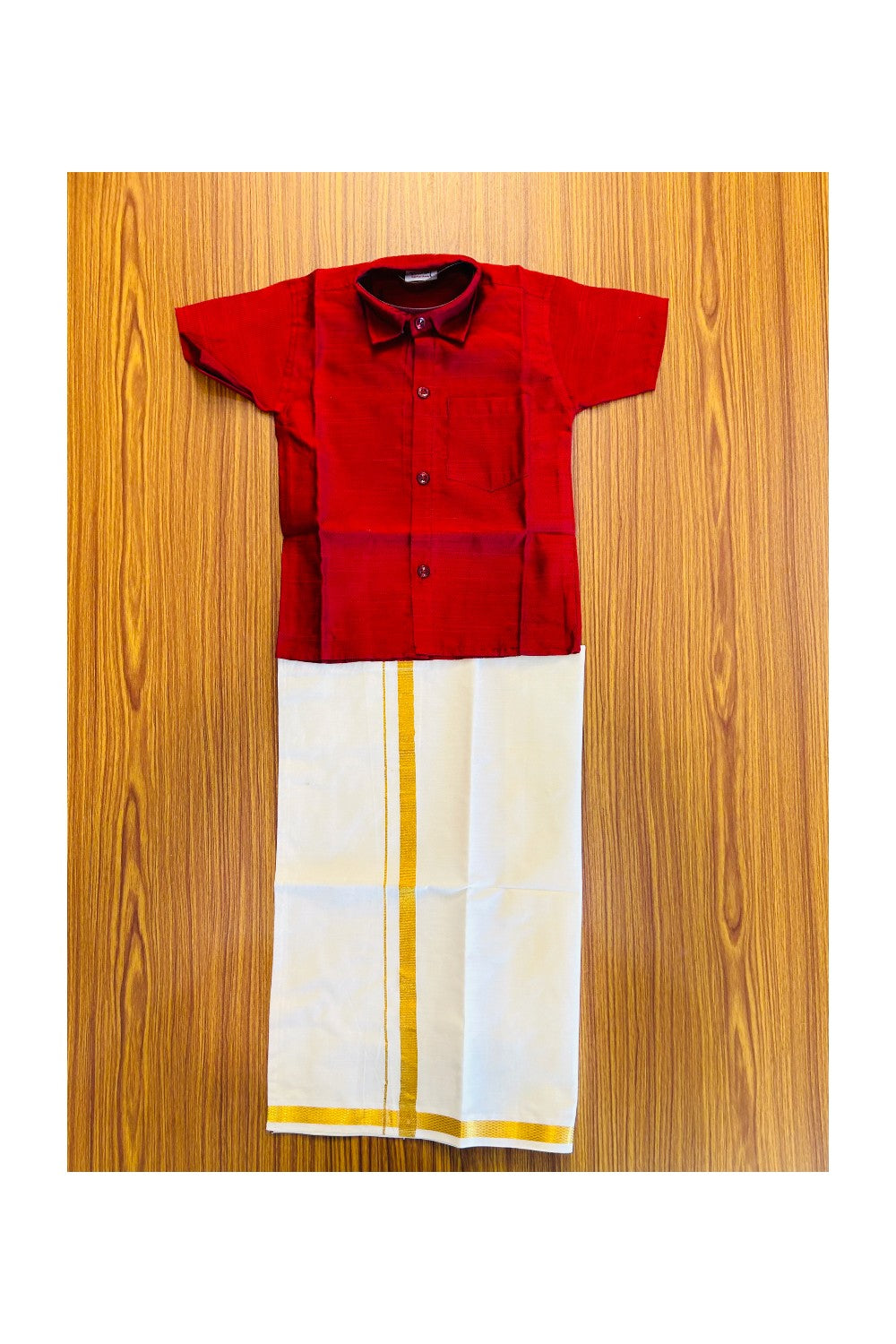 10% DISCOUNT !!! Yuvraj-Traditional South Indian Kids Shirt & Dhoti- Maroon Shirt Off white Kasavu Dhoti Age 1- 3KK89YUV1.