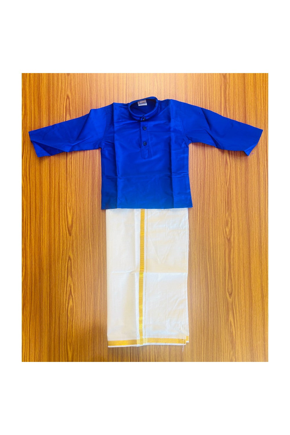 10% DISCOUNT !!! Yuvraj-Traditional South Indian Kids Silk Kurta & Dhoti- DARK BLUE Kurta Off white Kasavu Dhoti Age 2- 3KK95YUV2.