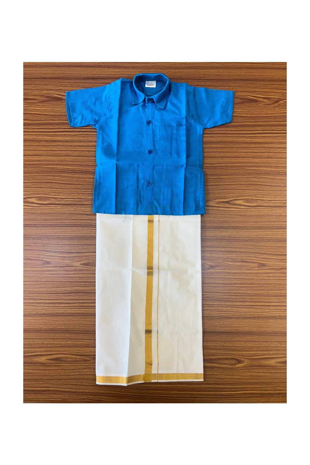 10% DISCOUNT !!! Yuvraj-Traditional South Indian Kids Shirt & Dhoti- Deep sky blue Shirt Off white Kasavu Dhoti Age 3 - 3KK99YUV3.