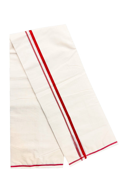 15% DISCOUNT! KaithariKada BALARAMAPURAM HANDLOOM Millpaav- 100% PURE Cotton 100x100 Double Mundu/Dhoti OFF WHITE (Unbleached) - PULIYILAKKARA Maroon+Red 1.cm KARA-3RAM