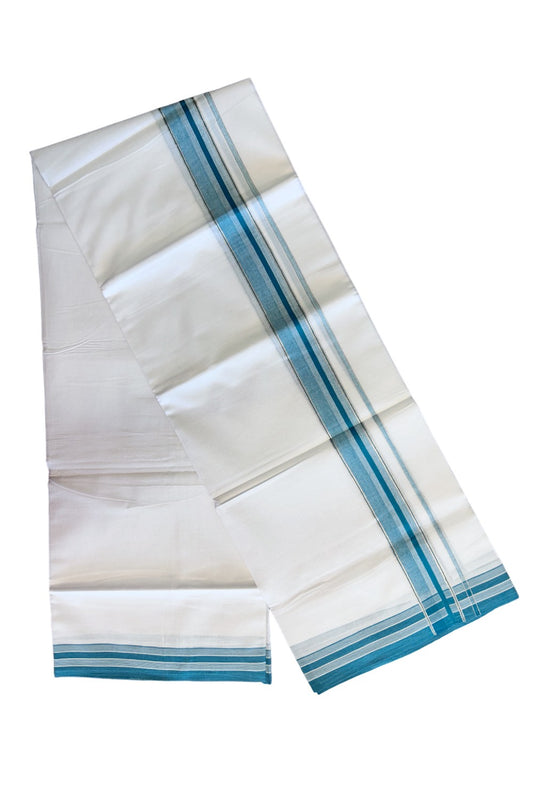 19% DISCOUNT!! Kaitharikada Balaramapuram 100% Cotton Ultra WHITE Double Mundu./Dothi-100x80   2.25 Inch PEACOCK GREEN + SILVER Striped Cotton Kara KK50CHAN- 3.