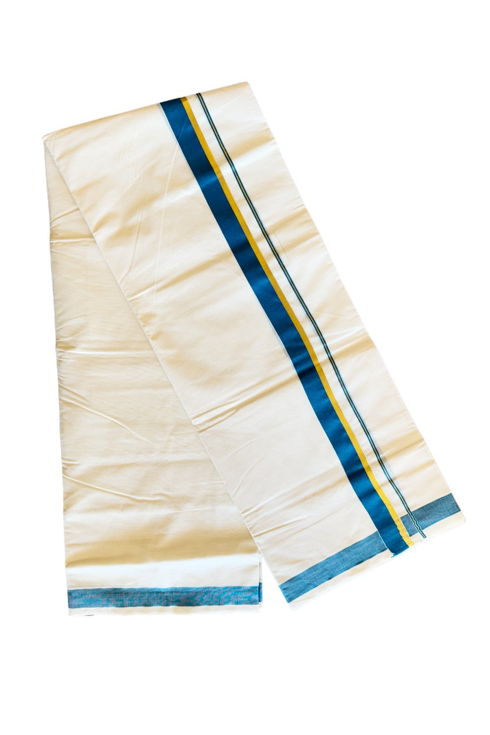 10% Discount! KaithariKada Balaramapuram 100% Cotton Off White Double Mundu/Dhoti-80x72 PEACOCK BLUE & KASAVU - 3KK57VIN