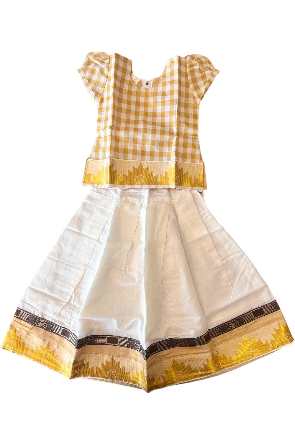 Midukki-Traditional South Indian Kids Pattu Pavada- Offwhite check top offwhite skirt with kasavu- Age 4 - KK4MID003