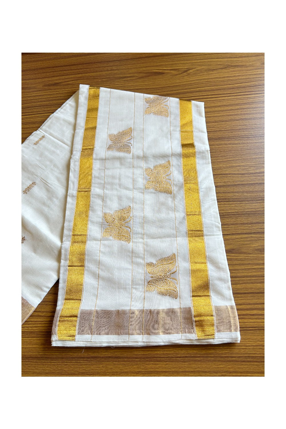 25% Discount! Kaitharikada Kerala Cotton Saree Off white - 12 inch Kasavu Saree with Butterfly Pattern putta Design - 3KK1003HAR