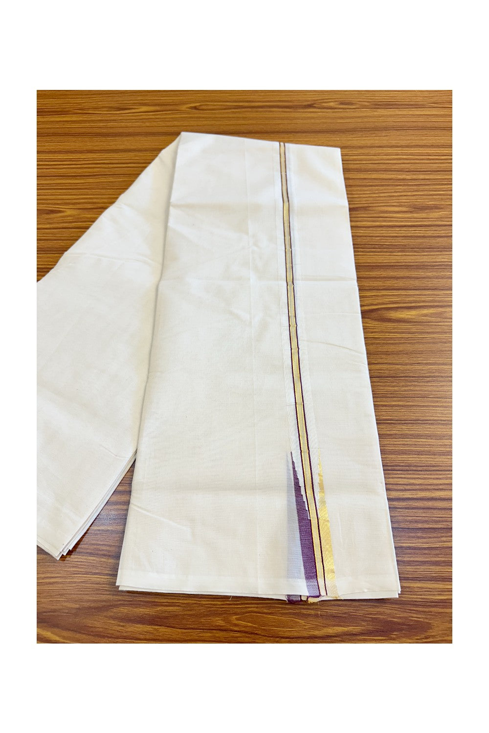 21% DISCOUNT! KaithariKada Balaramapuram 100% Cotton Double Off white Mundu/Dhoti-100x100 KASAVU & DARK PURPLE Chutty Puliyilakkara - 3KK136ASH