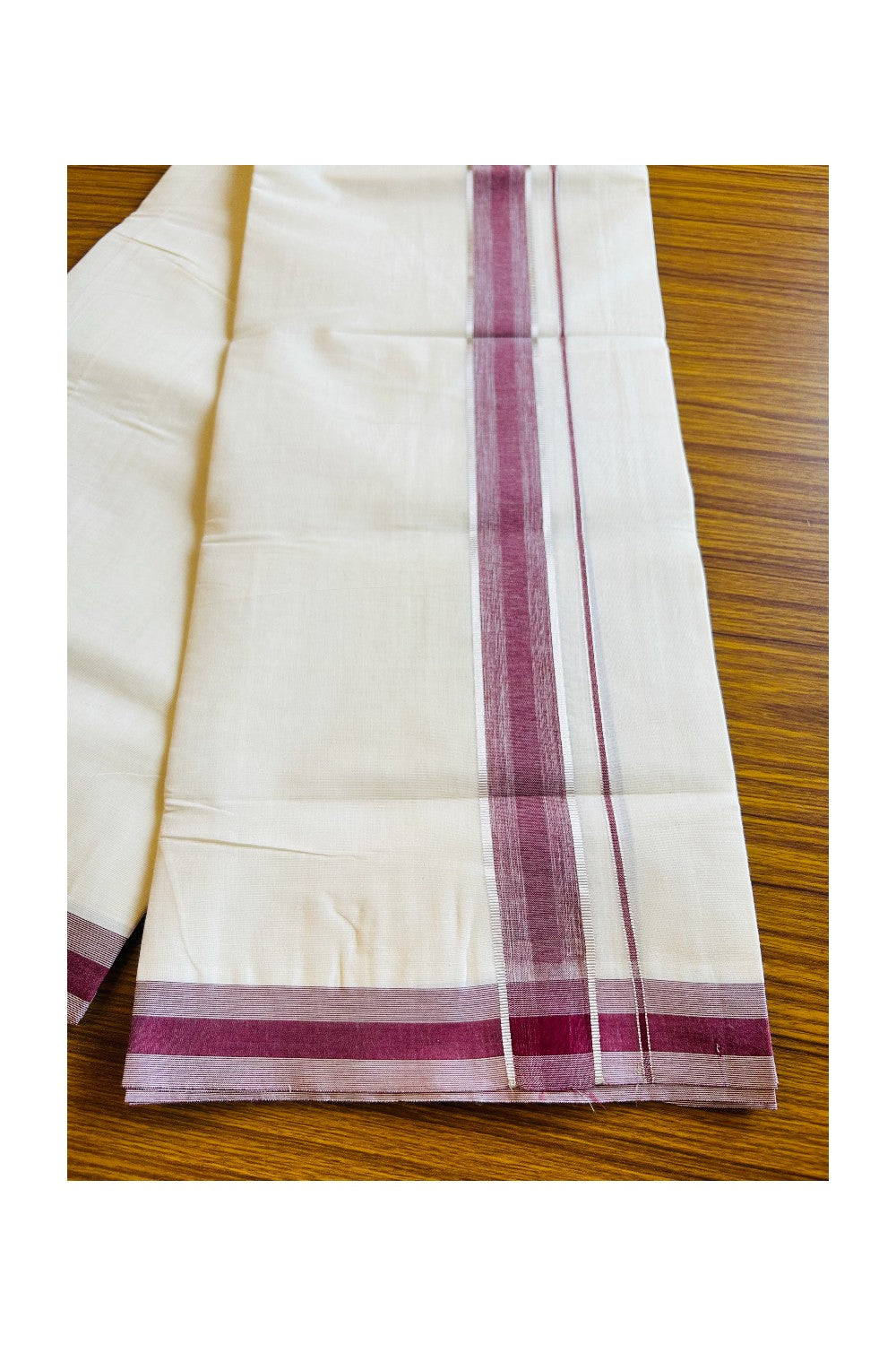 18% DISCOUNT!!! KaithariKada Balaramapuram 100%  Cotton off white Double  Mundu/Dhoti - 100X100  Silver & Maroon stripes kara - 3KK401VIN