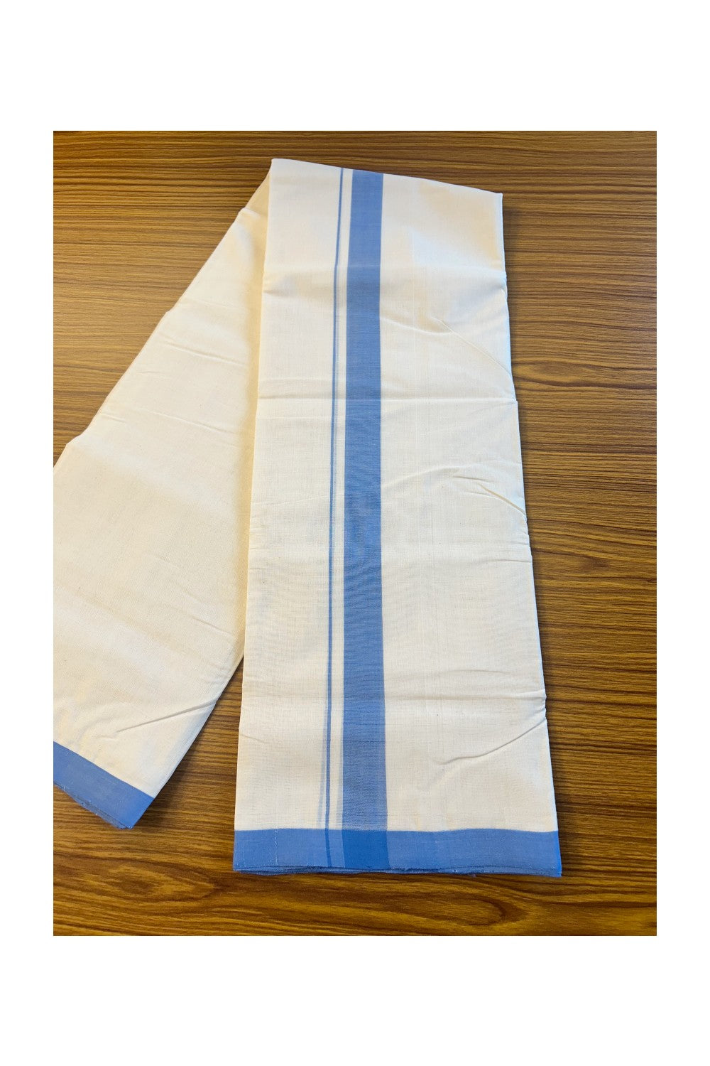 20% DISCOUNT!! KaithariKada HANDLOOM millpaav Balaramapuram - 100% PURE Cotton OFF White (Unbleached) Double Mundu/Dothi - 1.5 inch Blue Mulloth Kara 3.75 Meters (8 Muzham) - 3KK409RAM