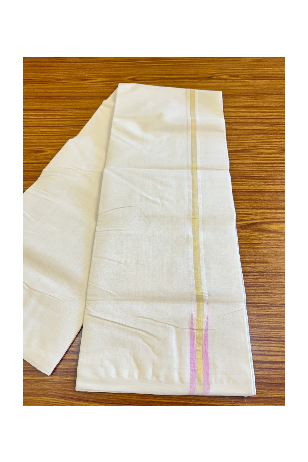 21% DISCOUNT!! KaithariKada HANDLOOM Millpaav Balaramapuram - 100% PURE Cotton OFF White - (Unbleached) Double Mundu/Dothi - Puliyilakkara chutty Lavender Pink & Kasavu Kara- 3KK410SOM