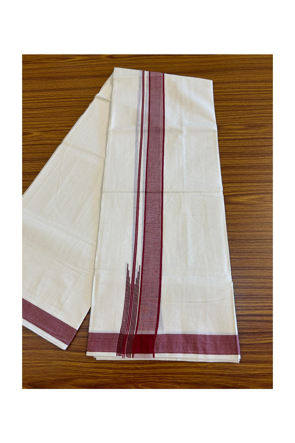 ONAM OFFER 22%! KaithariKada Exclusive 100% PREMIUM Cotton OFF WHITE (Unbleached) Double Dhoti/Mundu- Cotton Maroon Kara Printed Striped Chutty - 3KK426MC