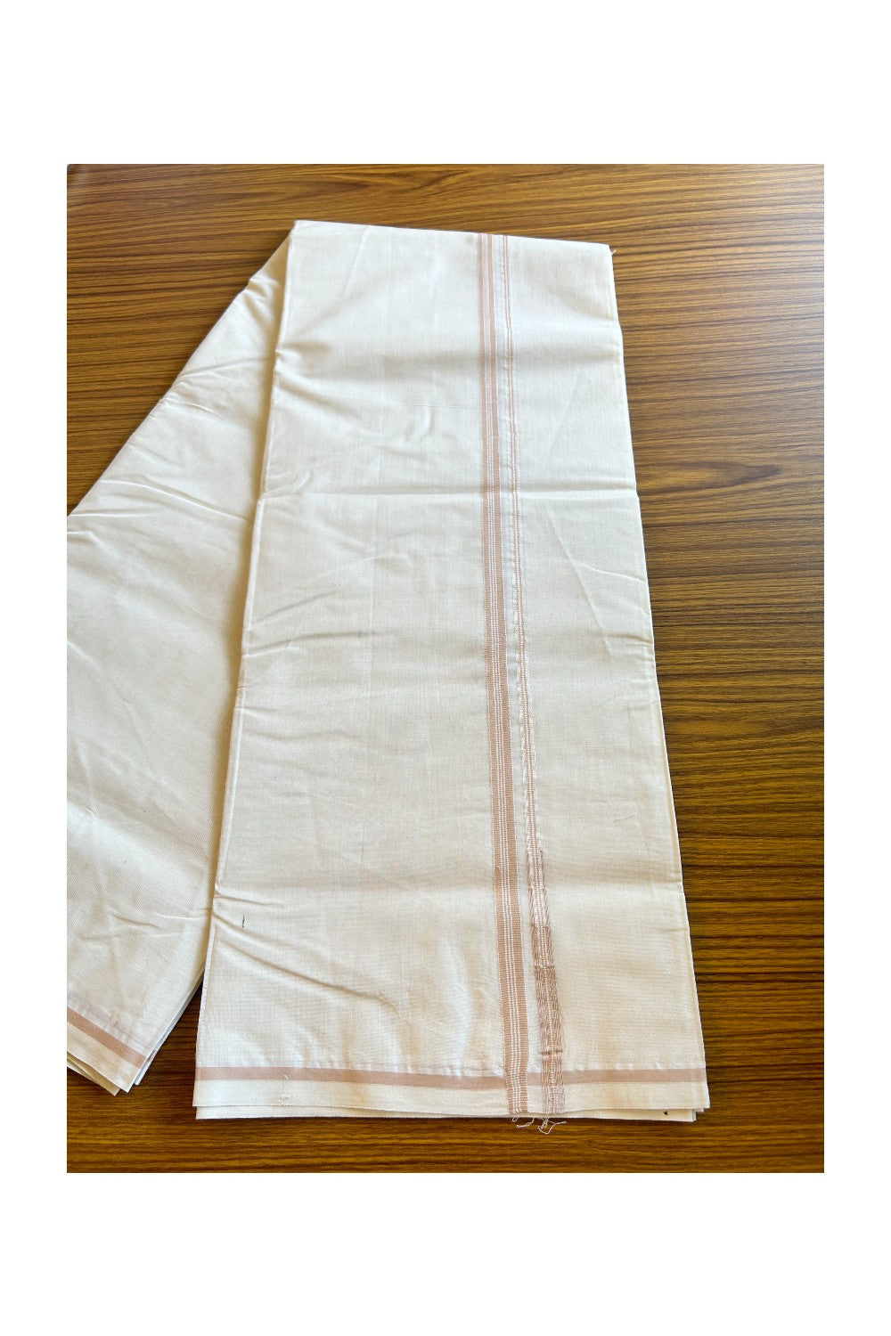 10% DISCOUNT!! KaithariKada Balaramapuram 100% Cotton Off WHITE Double Mundu/Dhoti-100x100  1.cm Puliyilakkara Chutty STRIPED Sand Brown- 3KK429ASH