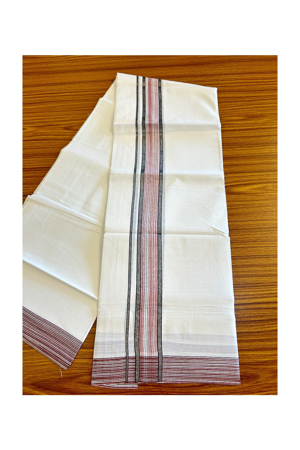 14% DISCOUNT!! Kaitharikada Balaramapuram 100% Cotton Ultra WHITE Double Mundu/Dothi-100x90  2.5 Inch  Silver kasavu Brick red & white shaded kara with black stripes - 3KK430VAS