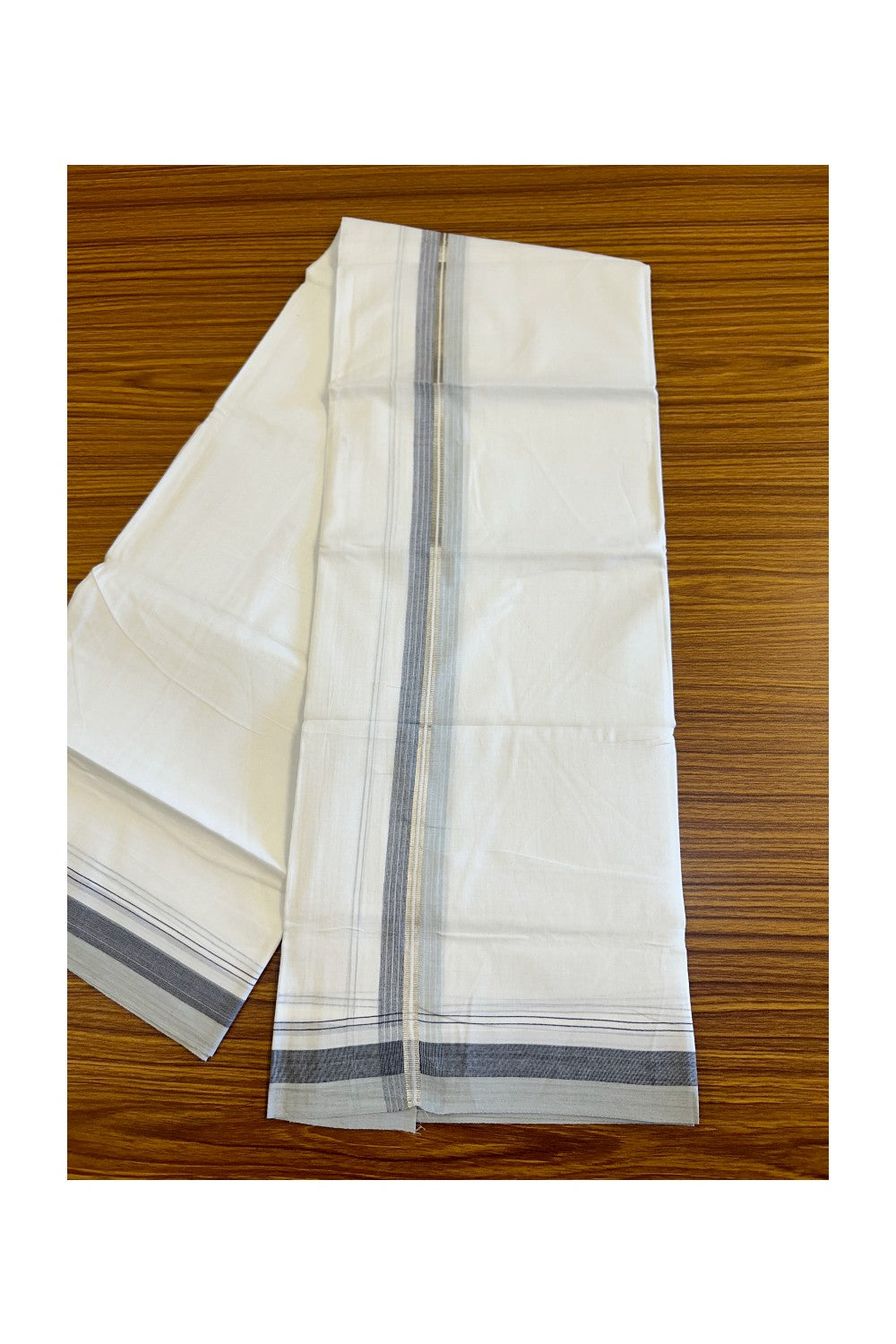 28% DISCOUNT!!! KaithariKada Balaramapuram 100% Cotton PURE white Double Mundu/Dhoti-100x90   2 Inch Silver kasavu Ash Gray & Navy blue shaded stripes kara  - 3KK448VIN