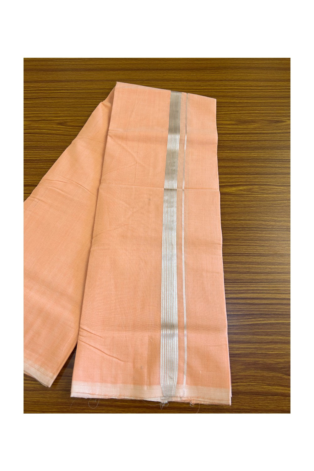 26% Discount! KaithariKada Handloom 100% Cotton Double Mundu/Dhoti - Light Orange Colour Body & Silver Striped 1.5inch Kara - 3KK452SOM