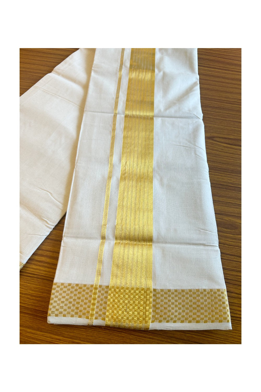 20% DISCOUNT!! KaithariKada HANDLOOM UNAKKUPAAV Balaramapuram - 100% PURE Cotton OFF White Double Mundu/Dothi - 3.25 Inch Kasavu check striped Kara - 3KK456KK