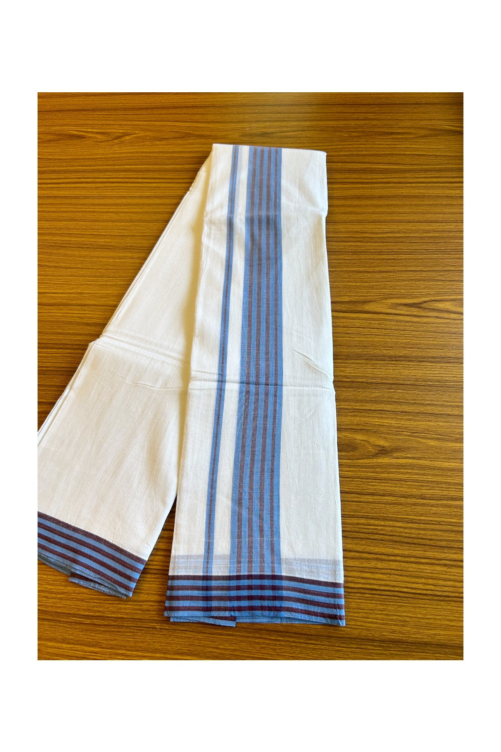 29% DISCOUNT! KaithariKada Balaramapuram 100% Cotton Ultra WHITE Double Mundu/Dhoti-100x100 2.75 inch Blue & Brown Stripes Cotton kara 3.70m- 3KK493RAM