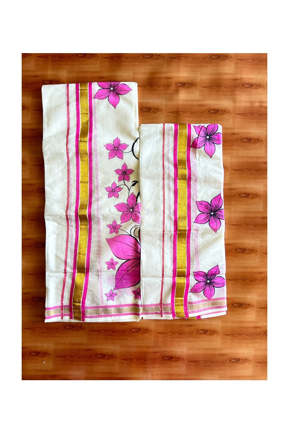 22% Discount!! KaithariKada - Kerala Cotton Single Set Mundu - Kasavu Kara with Pink Flower Design - 3KK495VIN