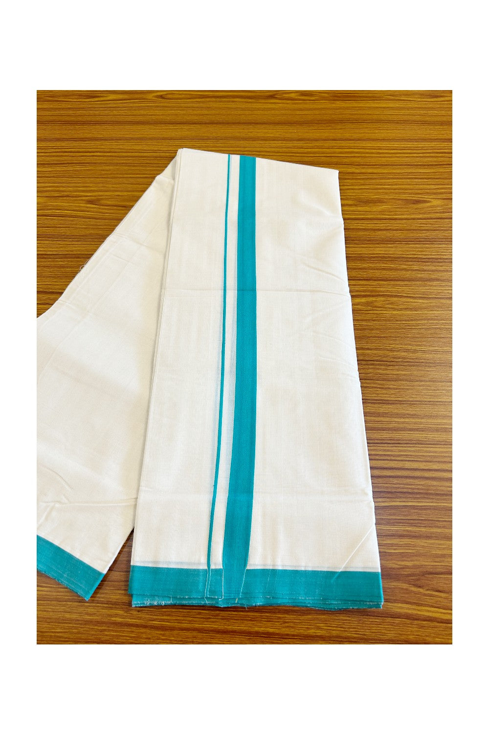 20% DISCOUNT!! KaithariKada HANDLOOM UNAKKUPAAV Balaramapuram - 100% PURE Cotton OFF White  - (Unbleached) Double Mundu/Dothi - 1.75 Inch Green  Mulloth Kara - 3KK498KK