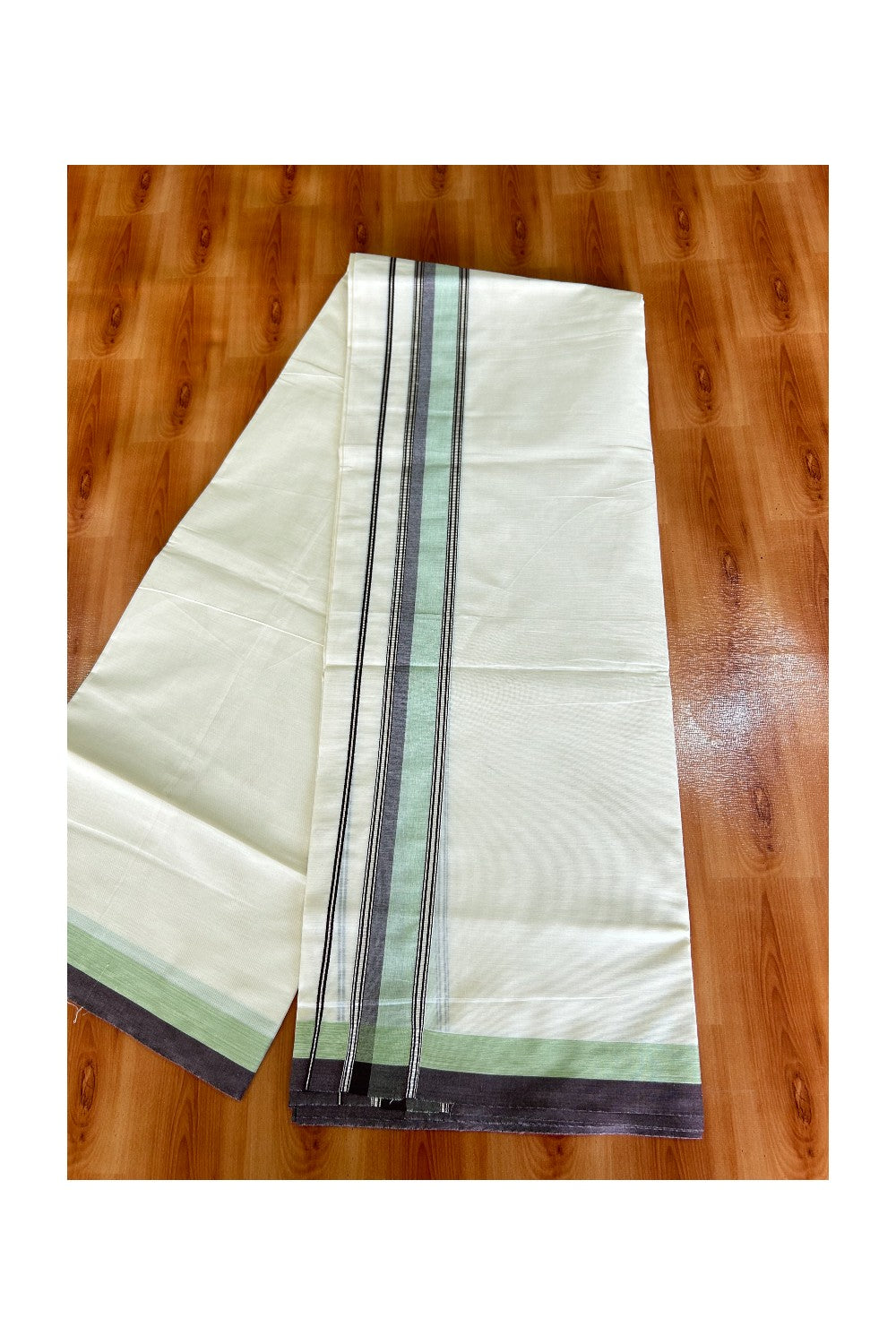 KaithariKada Balaramapuram 100% Cotton off white - (Unbleached) Double Mundu/Dhoti - 100X100 Brown Green & Silver Striped kara - 3KK5003PMC