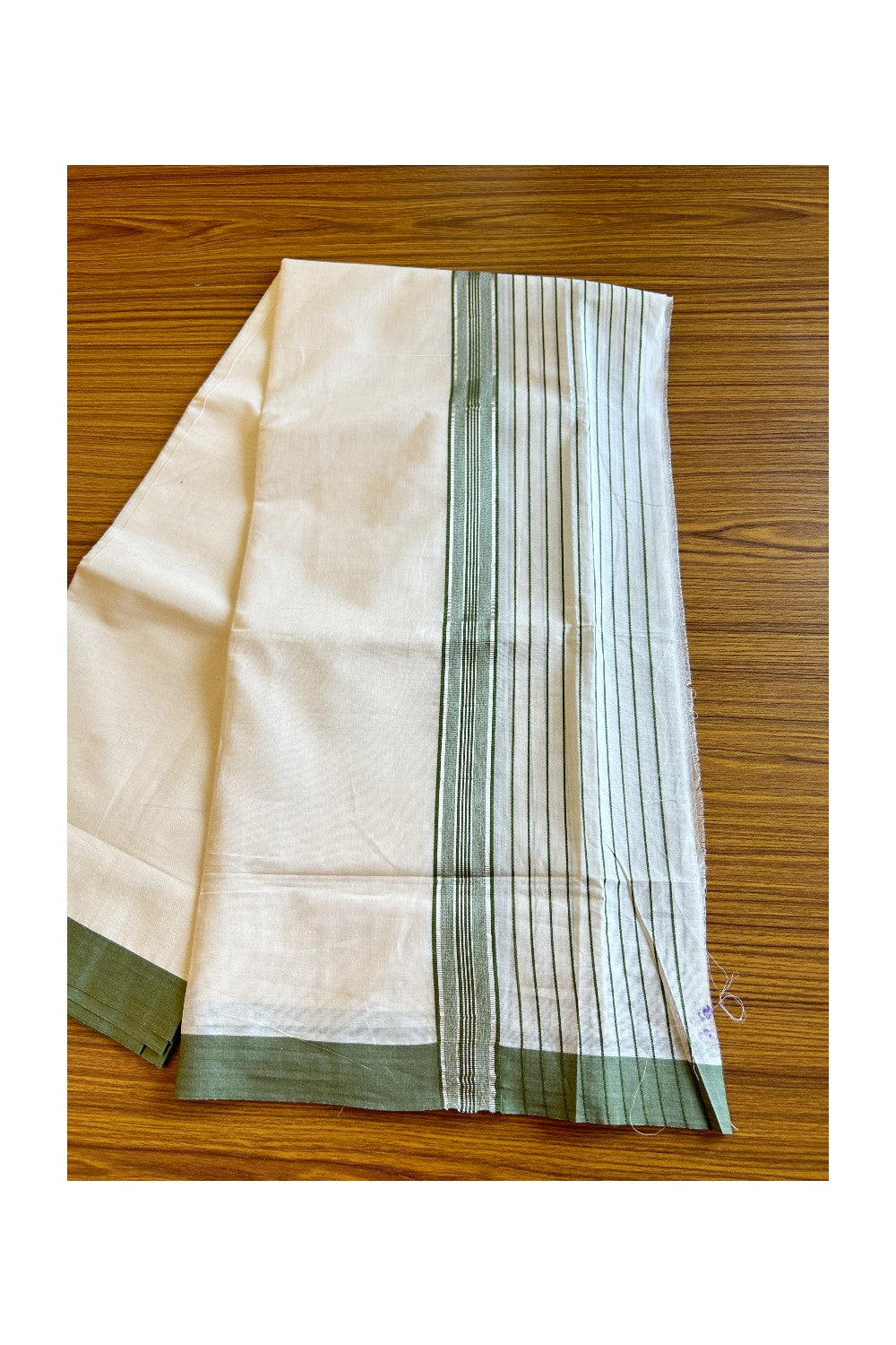 28% Discount !! KaithariKada Balaramapuram Double Off white Mundu/Dhoti- 80x90- 7 inch Sage Green & Silver Striped kara 3.92m- 3KK5006PMC