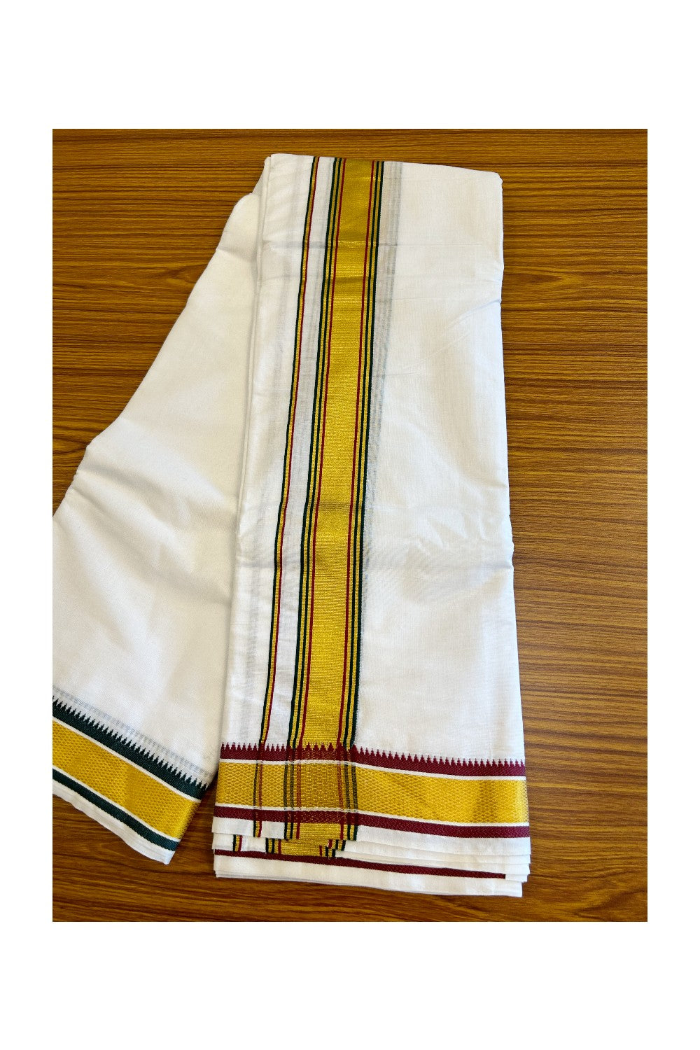 15% DISCOUNT! KaithariKada  Cotton Mix  PURE White - 80X80 thread - 80% Cotton & 20% Polyester - NORTH INDIAN - ATTACHED GAMCHA - 10x6 Dhoti- 80x60 - Gold Kasavu Green & Red Stripes kara with Green Red Kasavu Border - 3KK5008PMC