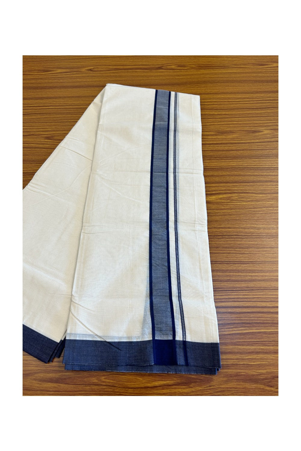 10% Discount KaithariKada Balaramapuram 100% Cotton Double Off white Mundu/Dhoti-100x100 2  inch Navy blue Kara - 3KK500KK