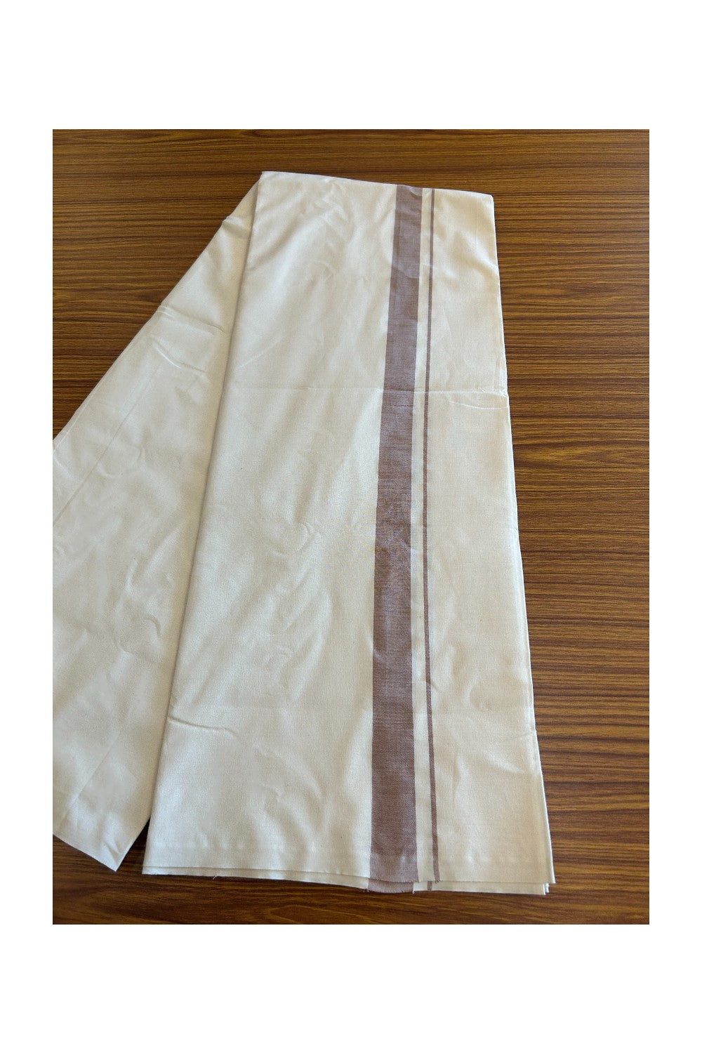 14% DISCOUNT ! KaithariKada Balaramapuram 100% COTTON SINGLE OFF WHITE - (Unbleached) Mundu/Dhoti-Twisted 100s Thread- 1.5 inch Light Brown Kara  (2 metre / 4 muzham)- 3KK5012ASH