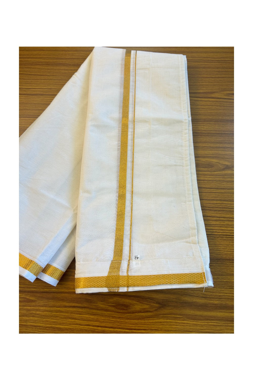 KaithariKada Balaramapuram 100% Pure Cotton SINGLE Off white VELCRO Mundu/Dhoti  - 1.5inch Gold Kasavu kara - 3KK5016KK