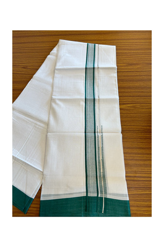 Kaitharikada  Balaramapuram 100% Pure Cotton PURE WHITE Double Mundu/Dothi - 80x92 -1.5 Inch Dark Green & Silver striped Chutty kara - 3KK5022VAN