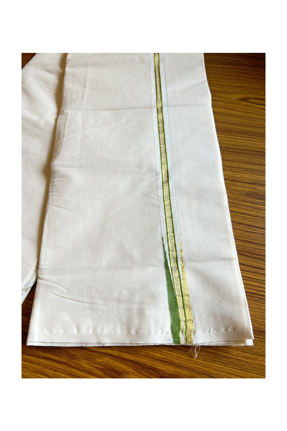 21% DISCOUNT! KaithariKada Balaramapuram 100% Cotton Double Off white Mundu/Dhoti-100x100 KASAVU & Green Chutty Puliyilakkara - 3KK5024ASH