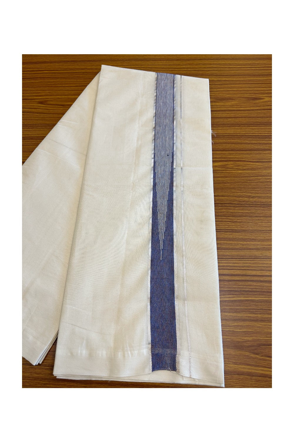 5% Discount!!! KaithariKada Balaramapuram  Double Off white - (Unbleached) Mundu/Dhoti - 80X90 - 2.5 inch Silver kasavu Violet Indigo heavy chutty - 3KK5037KAI