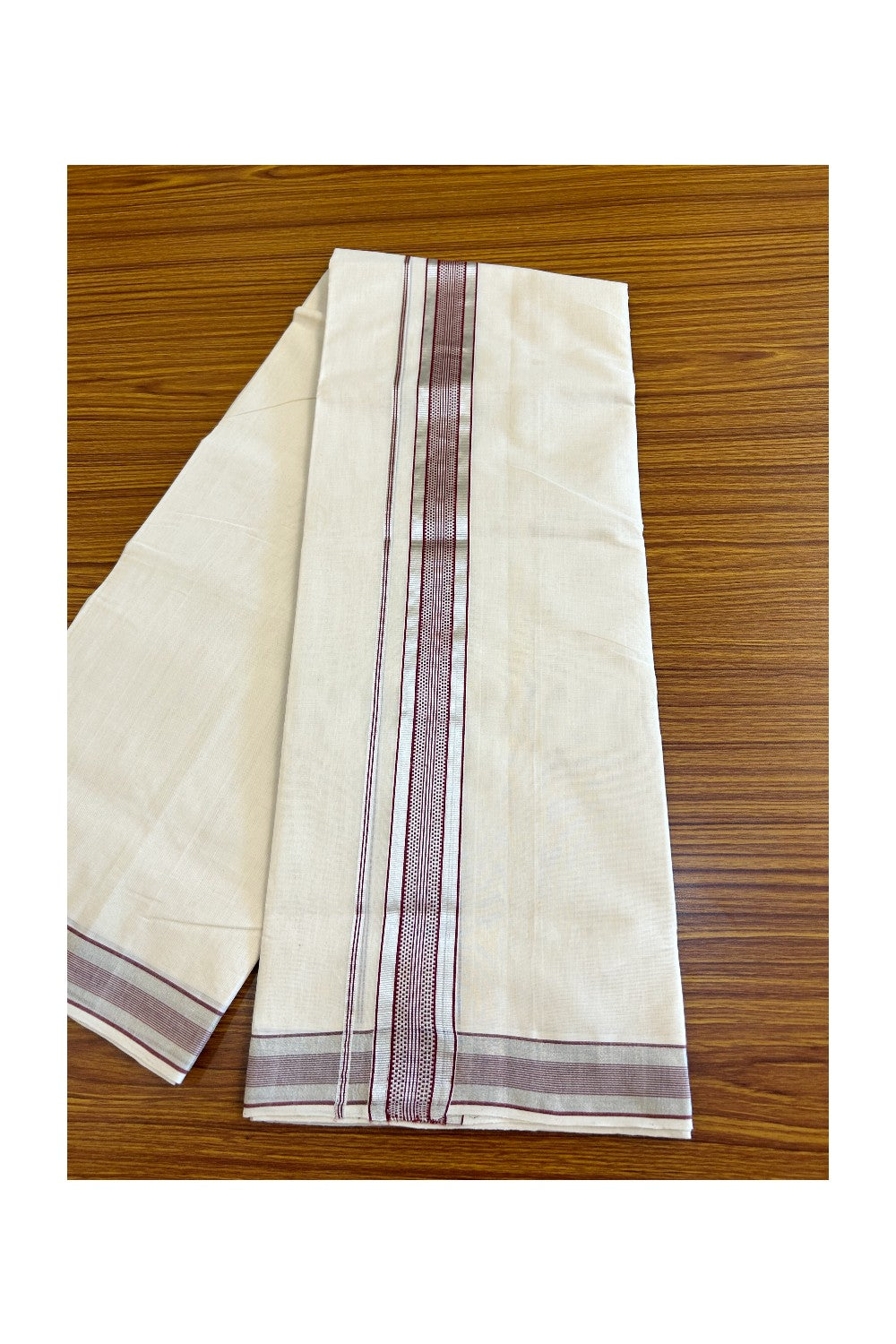 21% DISCOUNT!! KaithariKada HANDLOOM Millpaav Balaramapuram - 100% PURE Cotton OFF White Double Mundu/Dothi - 2.5 inch MAROON & Silver stripes kara - 3KK503RAM